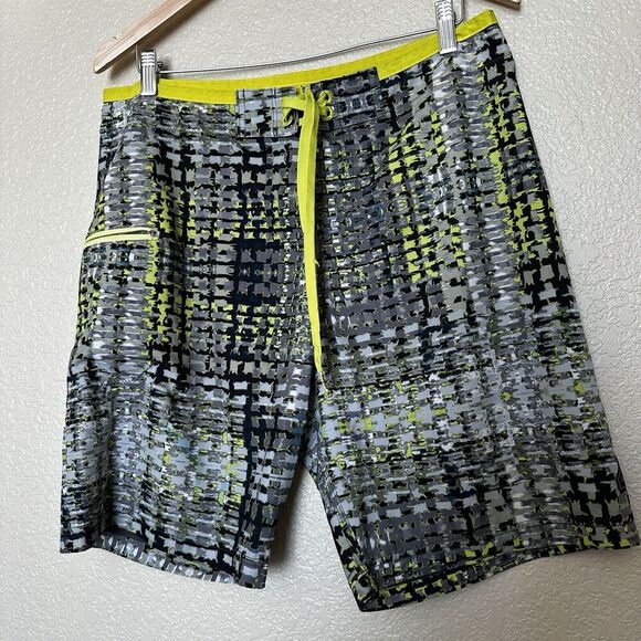 Prana UPF 50+ Board Shorts Swim Trunks Mens Sz 32 Yellow Black Gray Abstract Tie - Picture 1 of 7